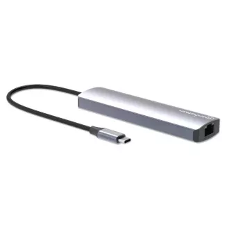 MANHATTAN Dokovací stanice USB-C 7v1, 1xHDMI, 1xUSB-C, 2xUSB, 1xRJ45, čtečka SD karet, šedá