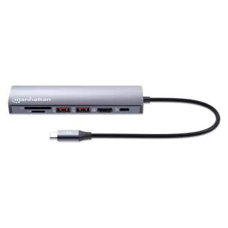 MANHATTAN Dokovací stanice USB-C 7v1, 1xHDMI, 1xUSB-C, 2xUSB, 1xRJ45, čtečka SD karet, šedá