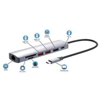 MANHATTAN Dokovací stanice USB-C 7v1, 1xHDMI, 1xUSB-C, 2xUSB, 1xRJ45, čtečka SD karet, šedá