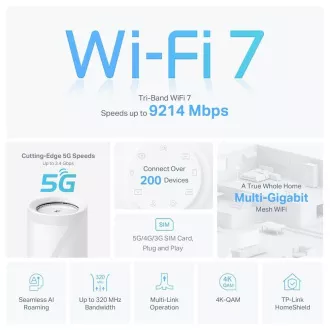 TP-Link Deco BE65-5G(1-pack) WiFi7 Mesh (BE9300, 2, 4GHz/5GHz/6GHz, 3x2, 5GbELAN/WAN, 1xUSB3.0, 4G LTE, 5G, 1xnanoSIM)