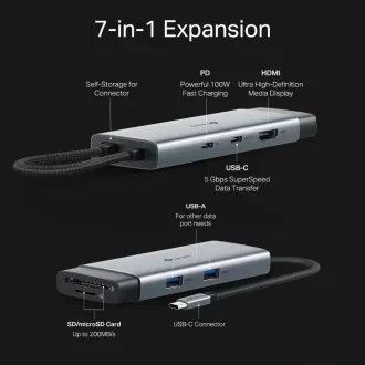 TP-Link UH7020C USB-C hub 7v1 (2x USB3.2Gen1, 1xUSB-C3.2Gen1, 1xHDMI, 1xSD, 1xmicroSD, PD 100W)