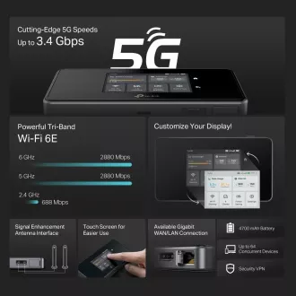 TP-Link M8550 přenosný WiFi6E router (AXE3600, 5G/4G LTE, 2, 4GHz/5GHz/6GHz, 1xGbE, 1xUSB-C, 1xnanoSIM, 1xmicroSD)