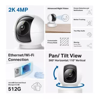 TP-Link Tapo C222 domácí-indoor kamera, (4MP, 2K QHD 1440p, IR 12m, WiFi, 1x100Mb/s, micro SD card)