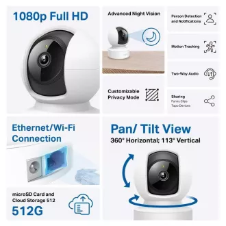 TP-Link Tapo C202 domácí/indoor kamera, (2MP, Full HD 1080p, IR 12m, WiFi, 1x100Mb/s, microSD)