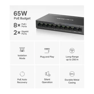 MERCUSYS switch MS110CP (8x100Mb/s, 2xGbE, 8xPoE+, 65W, fanless)