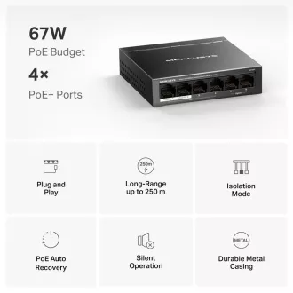 MERCUSYS switch MS106P (6x100Mb/s, 4xPoE+, 67W, fanless)