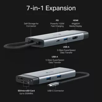 TP-Link UH7021C USB-C hub 7v1 (3x USB3.2Gen1, 1xUSB-C3.2Gen1, 1xHDMI, 1xSD, 1xmicroSD, PD 100W)