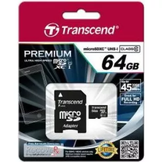 TRANSCEND MicroSDXC karta 64GB Premium, Class 10 UHS-I 400x (R:85/W:35 MB/s) + adaptér