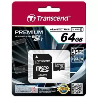 TRANSCEND MicroSDXC karta 64GB Premium, Class 10 UHS-I 400x (R:85/W:35 MB/s) + adaptér