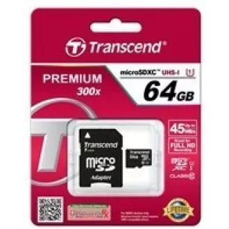 TRANSCEND MicroSDXC karta 64GB Premium, Class 10 UHS-I 400x (R:85/W:35 MB/s) + adaptér