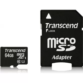 TRANSCEND MicroSDXC karta 64GB Premium, Class 10 UHS-I 400x (R:85/W:35 MB/s) + adaptér
