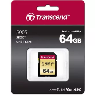 TRANSCEND SDXC karta 64GB 500S, UHS-I U3 V30 (R:95/W:50 MB/s)