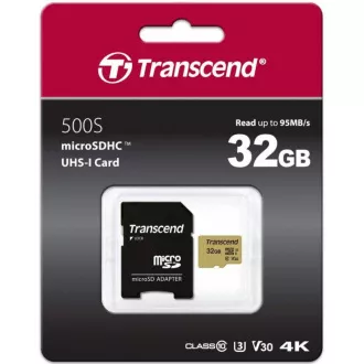 TRANSCEND MicroSDHC karta 32GB 500S, UHS-I U3 V30 + adaptér