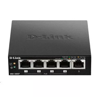 D-Link DGS-1005P 5-port Gigabit Desktop PoE+ Switch, 4 porty jsou PoE+, PoE budget 60W