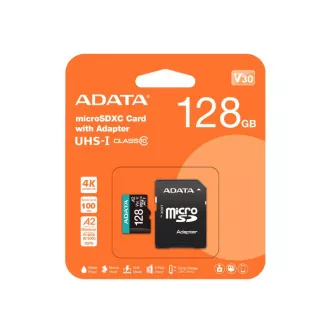 ADATA MicroSDXC karta 128GB Premier Pro UHS-I V30S (R:100/W:80 MB/s) + SD adaptér