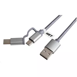 iGET G2V1 USB kabel 2v1, 1m, stříbrný, microUSB i USB-C, prodloužené koncovky
