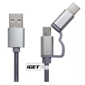 iGET G2V1 USB kabel 2v1, 1m, stříbrný, microUSB i USB-C, prodloužené koncovky