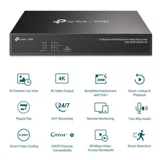 TP-Link VIGI NVR1004H-4P, videorekordér, 4 channels, 4xPoE, 1xSATA, 1x100Mb/s LAN, 2xUSB2.0, 1xHDMI, 1xVGA