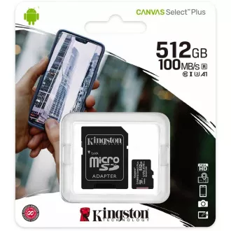 Kingston MicroSDXC karta 512GB Canvas Select Plus 100R A1 C10 Card + SD adaptér
