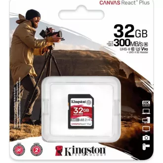 Kingston SDHC karta 32GB Canvas React Plus SDHC UHS-II 300R/260W U3 V90 for Full HD/4K/8K