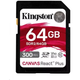 Kingston SDXC karta 64GB Canvas React Plus SDHC UHS-II 300R/260W U3 V90 for Full HD/4K/8K