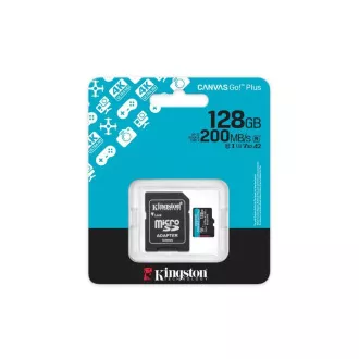 Kingston MicroSDXC karta 128GB Canvas Go! Plus, R:200/W:160MB/s, Class 10, UHS-I, U3, V30, A2 + Adaptér