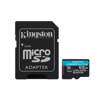 Kingston MicroSDXC karta 512GB Canvas Go! Plus, R:200/W:160MB/s, Class 10, UHS-I, U3, V30, A2 + Adaptér
