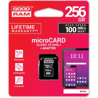 GOODRAM microSDXC karta 256GB M1AA (R:100/W:10 MB/s), UHS-I Class 10, U1 + Adapter