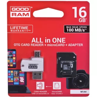 GOODRAM microSDHC karta 16GB M1A4 All-in-one (R:100/W:10 MB/s), UHS-I Class 10, U1 + Adapter + OTG card reader/čtečka