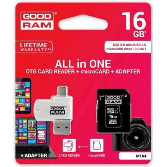 GOODRAM microSDHC karta 16GB M1A4 All-in-one (R:100/W:10 MB/s), UHS-I Class 10, U1 + Adapter + OTG card reader/čtečka