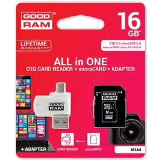 GOODRAM microSDHC karta 16GB M1A4 All-in-one (R:100/W:10 MB/s), UHS-I Class 10, U1 + Adapter + OTG card reader/čtečka