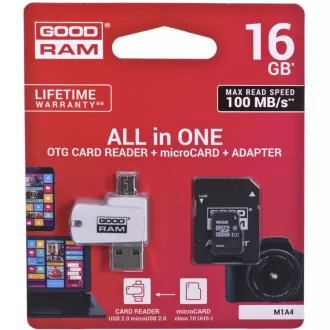 GOODRAM microSDHC karta 16GB M1A4 All-in-one (R:100/W:10 MB/s), UHS-I Class 10, U1 + Adapter + OTG card reader/čtečka