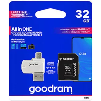GOODRAM microSDHC karta 32GB M1A4 All-in-one (R:100/W:10 MB/s), UHS-I Class 10, U1 + Adapter + OTG card reader/čtečka