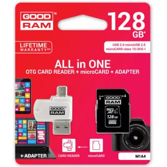 GOODRAM microSDXC karta 128GB M1A4 All-in-one (R:100/W:10 MB/s), UHS-I Class 10, U1 + Adapter + OTG card reader/čtečka