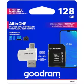 GOODRAM microSDXC karta 128GB M1A4 All-in-one (R:100/W:10 MB/s), UHS-I Class 10, U1 + Adapter + OTG card reader/čtečka
