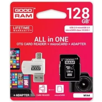 GOODRAM microSDXC karta 128GB M1A4 All-in-one (R:100/W:10 MB/s), UHS-I Class 10, U1 + Adapter + OTG card reader/čtečka
