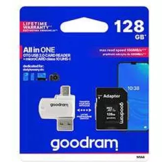 GOODRAM microSDXC karta 128GB M1A4 All-in-one (R:100/W:10 MB/s), UHS-I Class 10, U1 + Adapter + OTG card reader/čtečka
