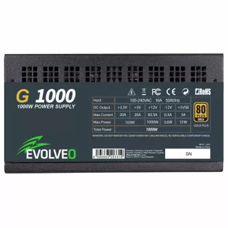 EVOLVEO G1000 PCIe 5.0, zdroj 1000W, ATX 3.0, 80+ GOLD, 90% účinnost, aPFC, 140mm ventilátor, retail