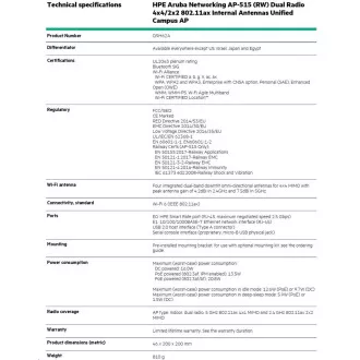 HPE Aruba Networking AP-515 (RW) Dual Radio 4x4/2x2 802.11ax Internal Antennas Unified Campus AP RENEW Q9H62A