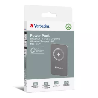 VERBATIM Powerbanka Charge 'n' Go, Magnetická, 5000 mAh, USB-C, Šedá