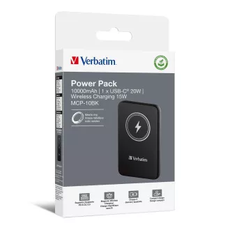VERBATIM Powerbanka Charge \'n\' Go, Magnetická, 10000 mAh, USB-C, Černá