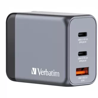 VERBATIM GaN Nabíječka do sítě GNC-65, 65W, 2x USB-C, 1x USB VERBATIM GaN Nabíječka do sítě GNC-65, 65W, 2x USB-C, 1x USB