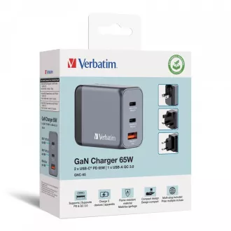 VERBATIM GaN Nabíječka do sítě GNC-65, 65W, 2x USB-C, 1x USB VERBATIM GaN Nabíječka do sítě GNC-65, 65W, 2x USB-C, 1x USB