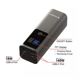VERBATIM Powerbanka Charge 'n' Go, 27000 mAh, 2x USB-C 140W, 1x USB-A 18W, Šedá