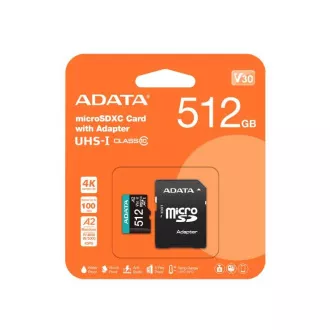 ADATA MicroSDXC karta 512GB Premier Pro UHS-I V30S (R:100/W:80 MB/s) + SD adaptér