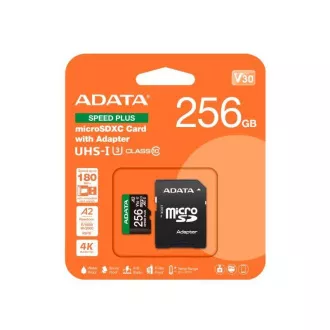 ADATA MicroSDXC karta 256GB Speed Plus, U3, C10, A2, V30 (R:180/W:160 MB/s) + SD adaptér