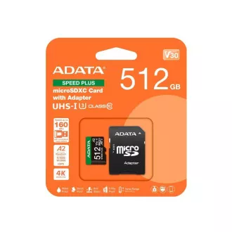 ADATA MicroSDXC karta 512GB Speed Plus, U3, C10, A2, V30 (R:180/W:160 MB/s) + SD adaptér
