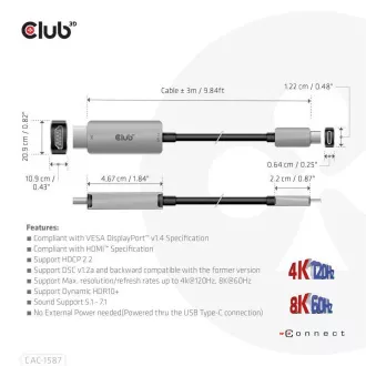 Club3D kabel USB-C na HDMI, 4K120Hz 8K60Hz HDR10 s DSC1.2, Aktivní kabel, M/M, 3m