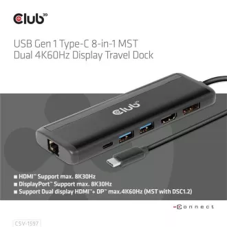 Club 3D Dokovací stanice USB-C 8v1, 1xDP, 1xHDMI, 1xUSB-C PD100W, 2xUSB, čtečka SD karet, šedá