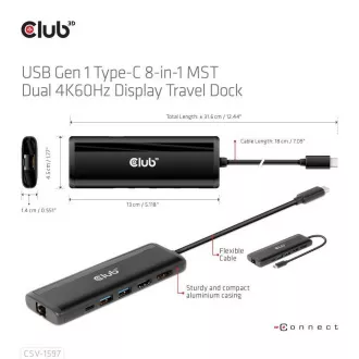 Club 3D Dokovací stanice USB-C 8v1, 1xDP, 1xHDMI, 1xUSB-C PD100W, 2xUSB, čtečka SD karet, šedá